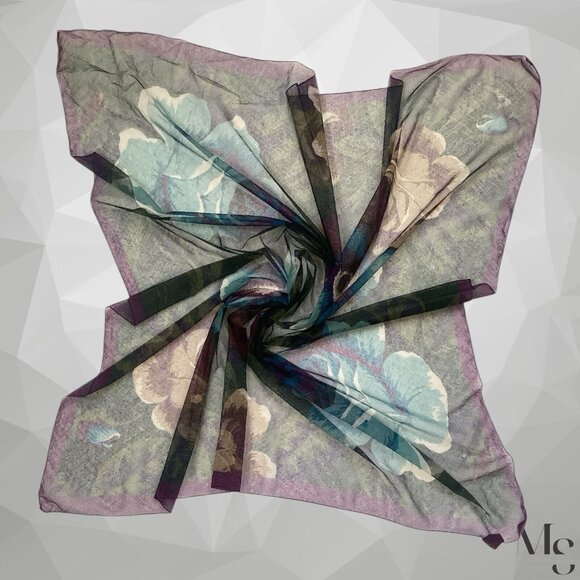 KENZO PARIS Purple Green Floral Cotton Veiled Scarf M.In Japan 44" - 42´´ E.C - Picture 2 of 10